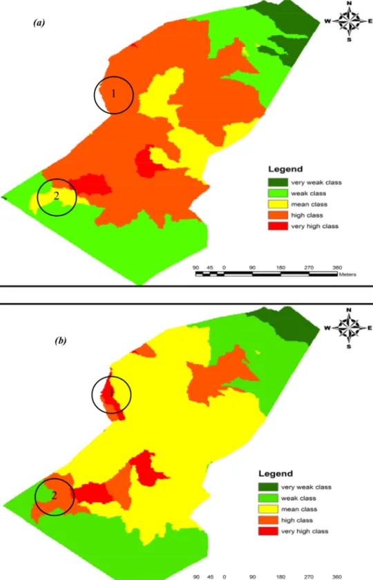 Fig. 11. Flood risk maps by watersheds for both dates (a): 2001, (b): 2014.