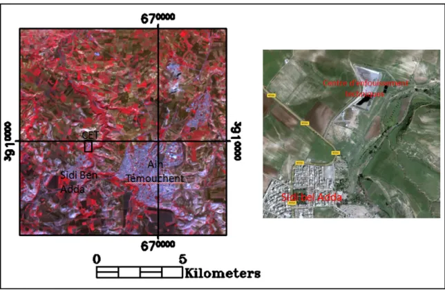 Figure 14.  Détection du centre d’enfouissement technique d’Ain Témouchent à partir d’une  image Landsat 8 et image Google Earth 2016 