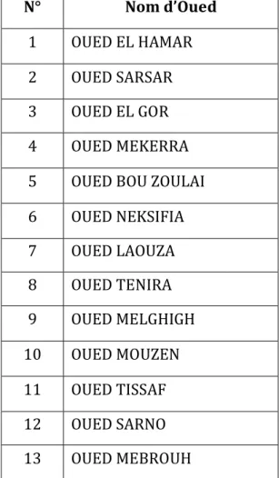 Tableau N° 05 : Les oueds importants