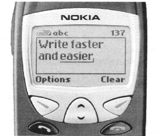 Figure 1.6: Example of a Mobile Phone (in this case, a Nokia 6210) message on the screen with predictive text entry system                                                                                 