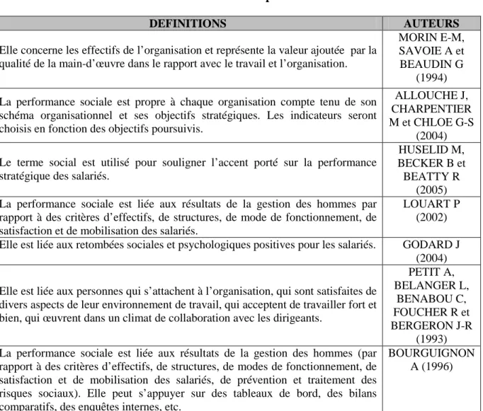 TABLEAU 7 • Définitions de la performance sociale :  