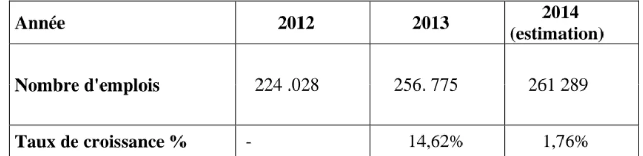 Figure 1.12 : Le nombre d’emplois dans le tourisme  (2012-2014)  Source : Etude de conjoncture tourisme effectuée par Ecotechnics 