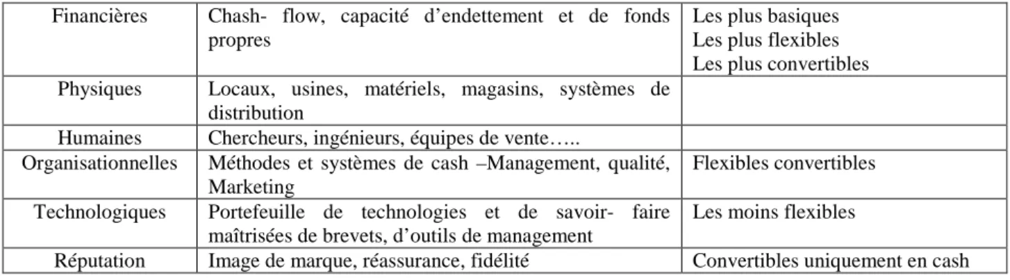 Tableau 2.1. Classification des ressources et de convertibilité (la capacité de  transformation de la ressource en une autre) 