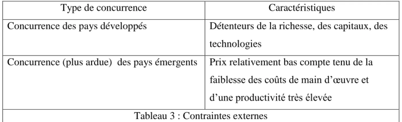 Tableau 3 : Contraintes externes 