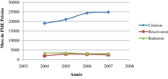 Figure 8 : Mouvement des PME privées durant la période 2004-2007 