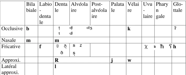 Tableau 3 :Mode et point d’articulation des différents phonèmes 