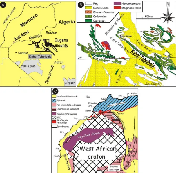 Fig. 1. Map of the studied area, showing (A) the location of Ougarta Range (Michard, 1976), a simpliﬁed geological map of the studied area, Kahel Tabelbala (B), a WAC sketch map placing the Ougarta range into its regional context (C) (modiﬁed after Fabre, 