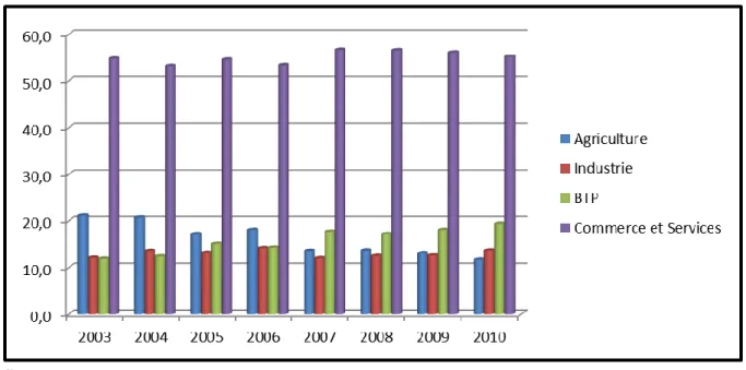 Graphique 2 : Evolution de la structure de lřemploi selon les grandes branches dřactivités de         2003 à 2010