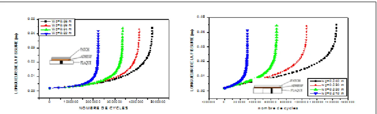 Figure 2. Evolution of crack length versus number of cycles at break for different patch widths for both  geometric models 