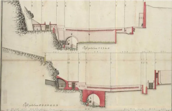 Fig. 9: Perspectiva del puente de Tremecén, que comunicaba entre la puerta del mismo  nombre,  y  el  fuerte  de  San  José  (en  estos  documentos  aparece  como  fuerte  y  no  como  Tambor)