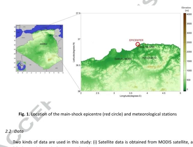Fig. 1. Location of the main-shock epicentre (red circle) and meteorological stations  