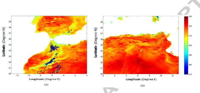 Fig. 2. LST image 30/06/2015 Algeria east tile (a) and west tile (b)  2.2.2 Observed Data 