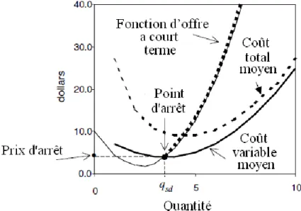 Fig.  1.8.  Le  point  d'arrêt  et  la  fonction  d'offre  à  court  terme :  dans  le  court  terme,  l'entreprise  qui  s'arrêtent  aura un revenu, mais elle sera bloqué a payer ses coûts fixes C (0); par conséquent, ses résultats seront π = - (0)