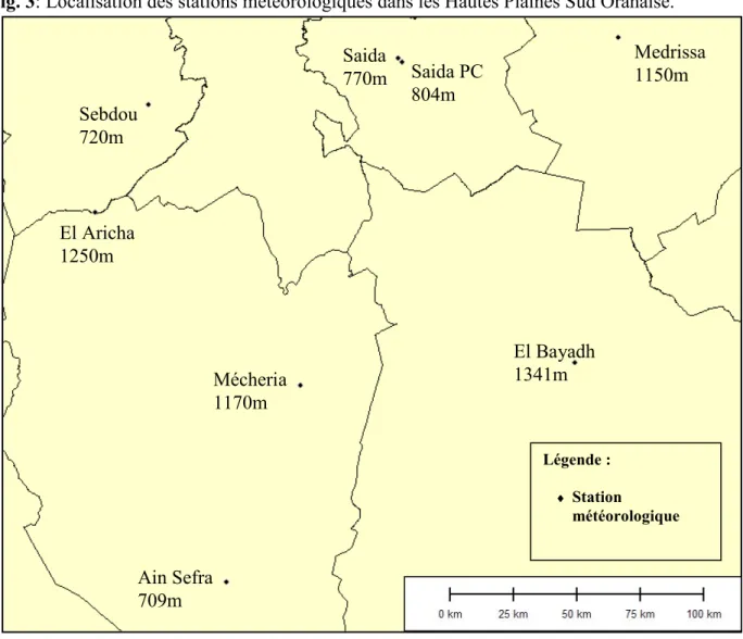 Fig. 3: Localisation des stations météorologiques dans les Hautes Plaines Sud Oranaise