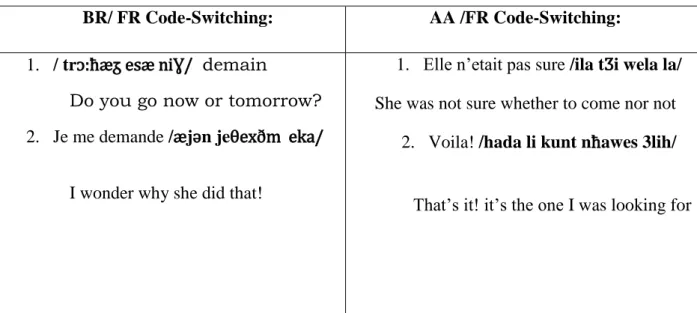 Table 2.3: Some Examples of BR/FR and AA/FR Code Switching   