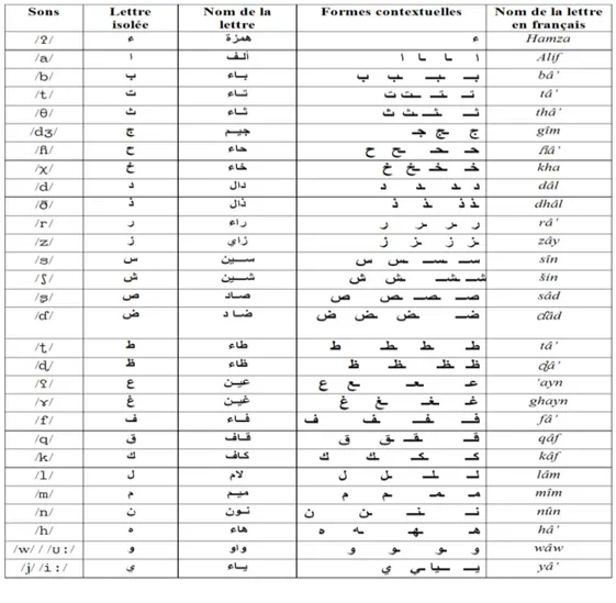 Tableau 4. Les graphèmes consonnes de l’arabe     