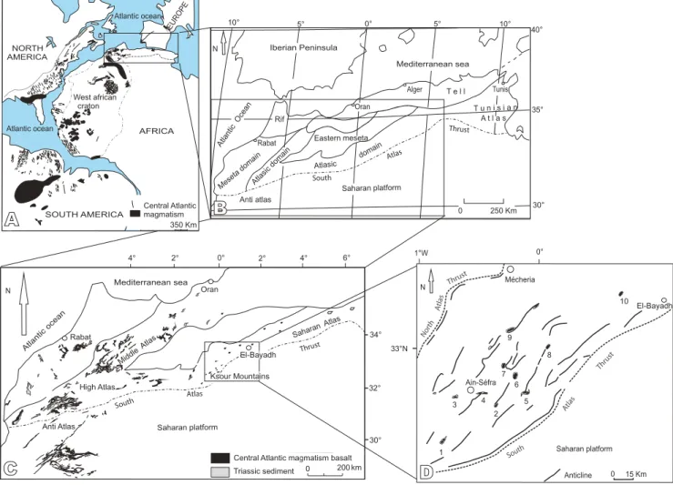 FIGURE 1. A) Schematic map of the Central Atlantic magmatic province (after Bertrand, 1991; Marzoli et al., 1999; McHone, 2000; Verati et al., 2005; 