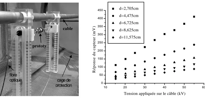 Figure 13.    Champ électrique simulé dans le cristal en fonction de l'épaisseur de glace sur le câble,   la sonde de trouvant à 60 mm du câble alimenté par une tension de 1kV