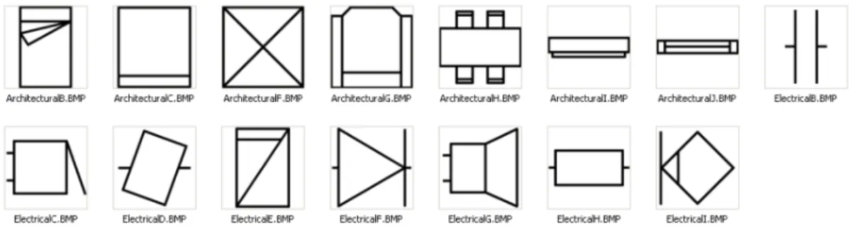 Figure 3.3 – Exemples de symboles graphiques extraits de la base GREC 2003 6 . Il convient ici de distinguer la reconnaissance de symboles graphiques « en contexte », où les symboles peuvent être connectés à d’autres éléments graphiques ou textuels du docu