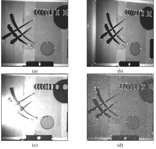 Figure 10 : Points caractéristiques obtenus sur « le signe » de Kandinsky. Image sans rotation  de la caméra (a), image avec une rotation de 40° (b), image avec une source de lumière inclinée  de 35°, image avec un bruit blanc pour un RSB de 0 DB