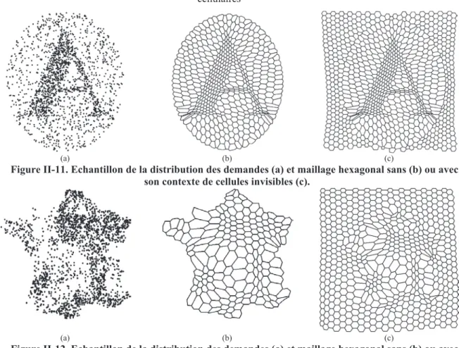 Figure II-11. Echantillon de la distribution des demandes (a) et maillage hexagonal sans (b) ou avec  son contexte de cellules invisibles (c)