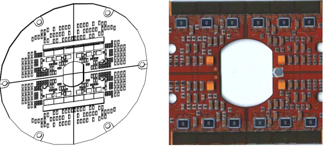 Figure 1. Geant4 geometrical model (left) of the EPIC-pn focal plane printed circuit board (PCB) and a closeup photo of the area covered (on the backside) by the CCDs on a spare PCB (right)