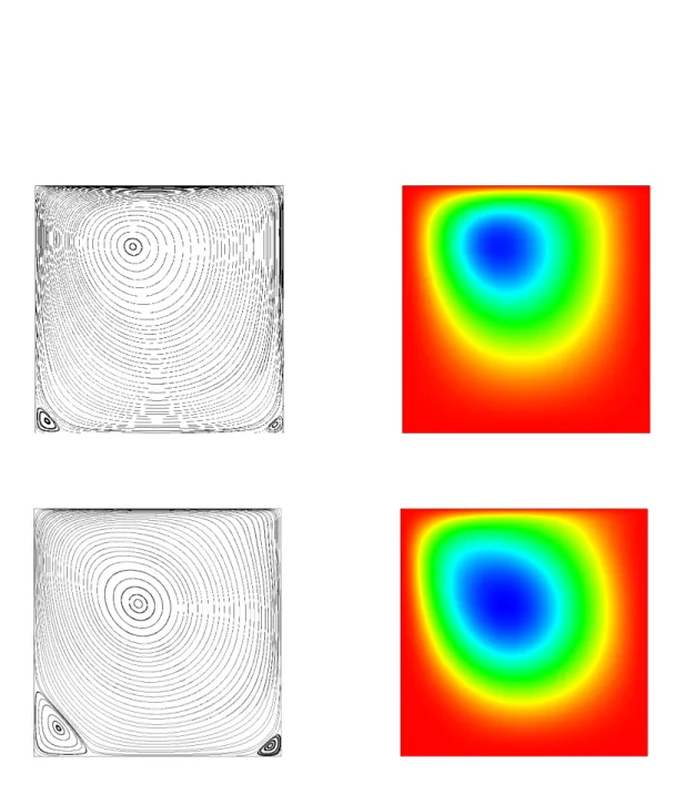 Figure 4.6: Streamlines (left) and stream function (right) computed for the lid driven cavity