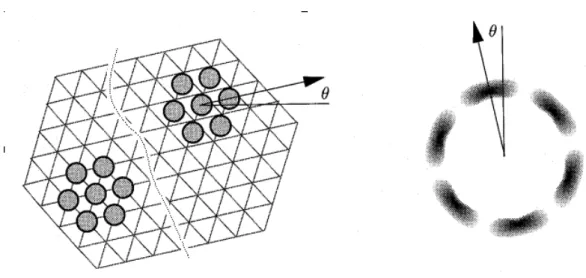 Figure 7.  Groupes d’atomes dans une phase hexatique : ils ont tous mêmes orientations mais sont positionnés  sur un réseau hexagonal  sans ordre à grande distance; diagramme de diffraction correspondant, d’après [31]