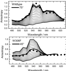 Figure 7.  Comparison of measured (symbols) and simulated (lines) anisotropy of initial  absorbance change for photolyases with the chain ending with W306 (wt, top) or W359  (mutant, bottom) allows extracting the angle formed by the detected tryptophanyl t