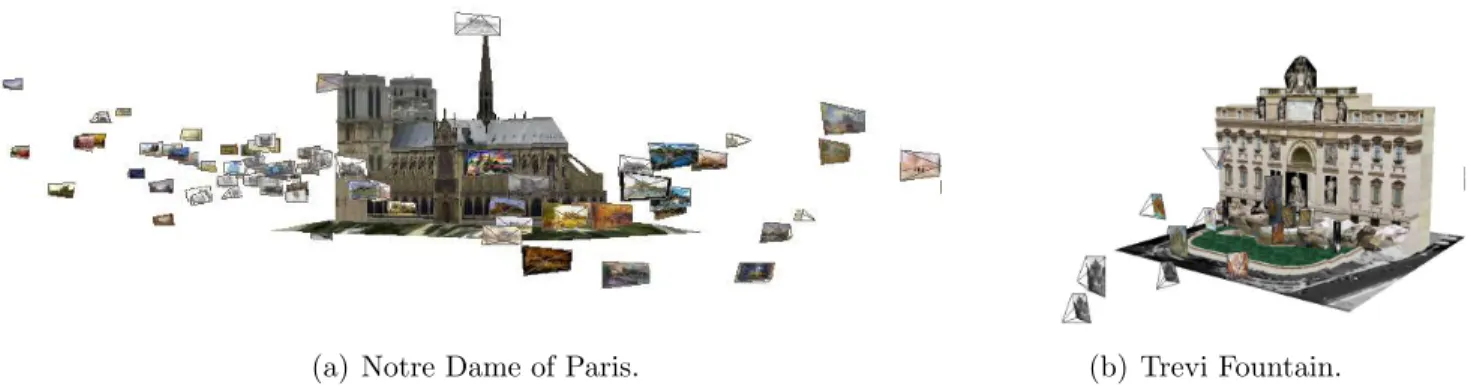 Figure 2.8: Google Sketchup models and camera frusta depicting the recovered viewpoints of the paintings.