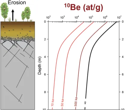 Figure 2.9 - Gauche : Profil de sol soumis à l’érosion. Droite - Evolution théorique de la concentration en 