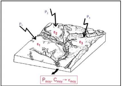 Figure 2.12 - Principe de mélange du signal cosmogénique dans un bassin versant soumis à des conditions  d’érosion spatialement hétérogènes