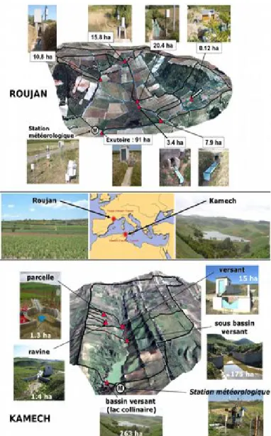Figure 2. Dispositif de mesure des flux hydro-érosifs   sur les bassins versants de Roujan et de Kamech.