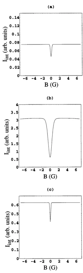 FIG. 3. Theoretical results for the integrated fluorescence inten- inten-sity I int at t f 5 45/G F e 5 1→F g 5 1 for the real ~open! transitions of the sodium D 1 line, calculated for the laser intensity of 26 mW/cm 2 .