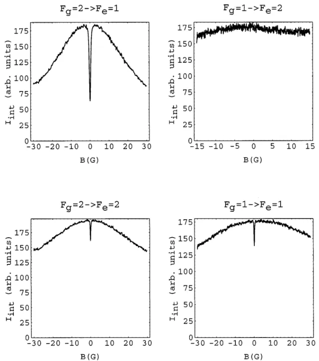 FIG. 5. Experimental results for the fluorescence intensity I int as a function of the magnetic field B on the different hyperfine transitions with no repumping laser