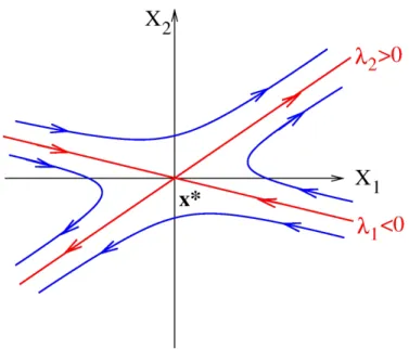 Figure 1.9: Example of a saddle point. The red lines are the directions given by the eigenvectors