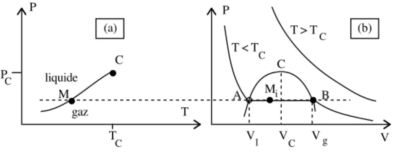 Figure 5.2: Diagramme de phase d’un corps pur dans le plan (T, P ) (partie (a)) et isothermes (partie (b)).