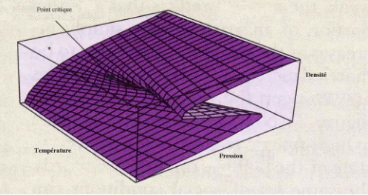 Figure 5.3: Repr´ esentation tridimensionnelle du diagramme de phase d’un corps pur.