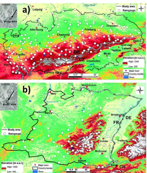 Figure 3 Study area and the distribution of rain gauges in (a) Ore Mountains and (b) Vosges Mountains 