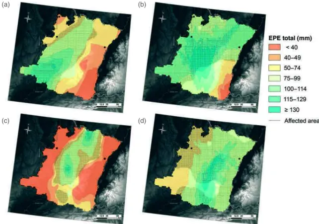 Figure 3. Gridded precipitation totals in study area for (a–c) the three strongest EPEs (EPEs 1–3 in Table 1) and (d) the EPE that affected the largest part of VG (EPE 5 in Table 1)
