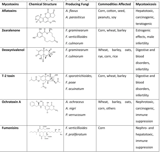 Table 1. Chemical Structures, major genera of producing fungi and health effects of common mycotoxins