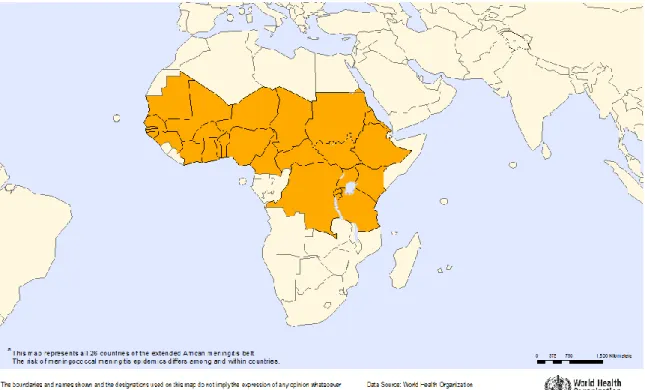 Figure 2. Ceinture africaine de la méningite (source : WHO 2014) 
