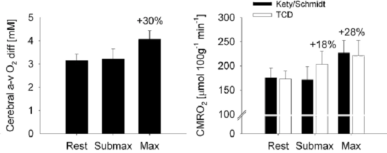 Figure 7 : l’extraction et la consommation cérébrale d’O 2  au repos et pendant l’exercice  sous-maximal et maximal