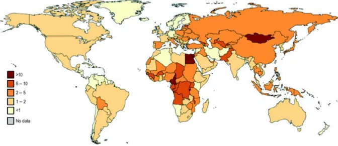 Figure 1: La prévalence du virus de l’hépatite C dans le monde (Source: (Lavanchy, 2011))