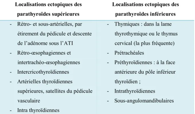 Tableau 2 [7]: les localisations ectopiques des parathyroïdes supérieures et inférieures