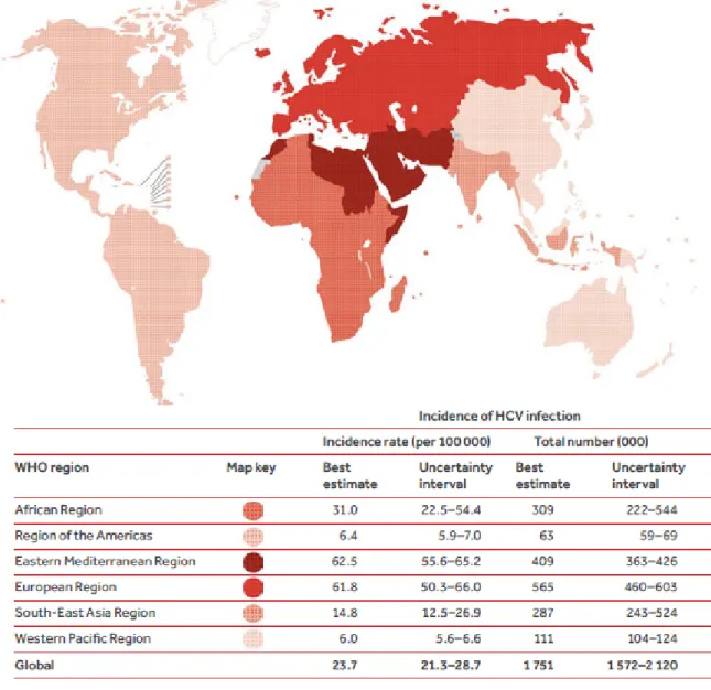 Figure  8 : Incidence de l’hépatite C dans la population générale en 2015   selon le rapport global de l’OMS sur les hépatites  [35] 