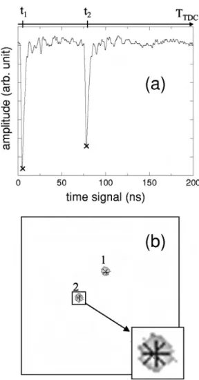 FIG. 3. Typical “double hit” event. 共 a 兲 Timing signal recorded with the digitizer. On top, t 1 and t 2 are the two time signals recorded by the CTNM3, 共 x 兲 indicate time resulting from the sampling procedure