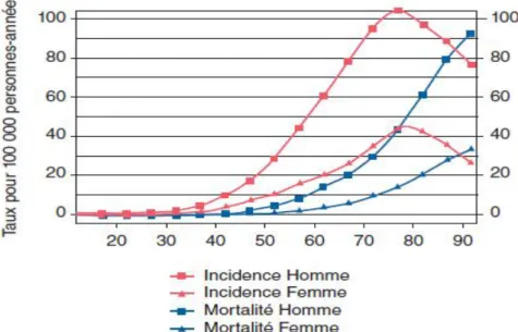 Figure 2 : L’incidence et la mortalité du cancer du rein par âge en 2012. 