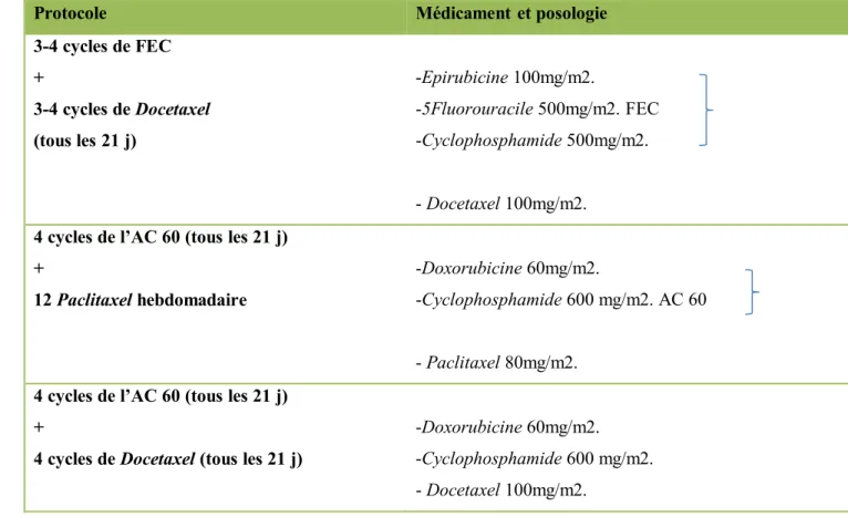 Tableau II : Protocoles de traitement du cancer du sein en néoadjuvant 