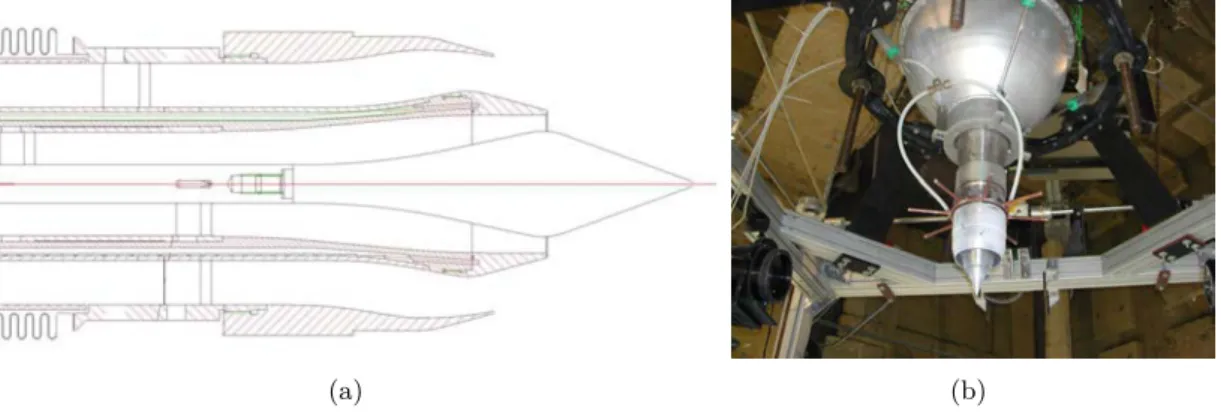 Figure 3.7: Martel test rig: (a) geometry of the coxial nozzle, (b) JEDI nozzle installed on the MARTEL Test Rig